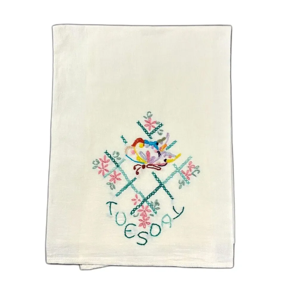 VTG Hand Embroidered Tuesday Tea Towel Floral Cottagecore Kitchen Linen
